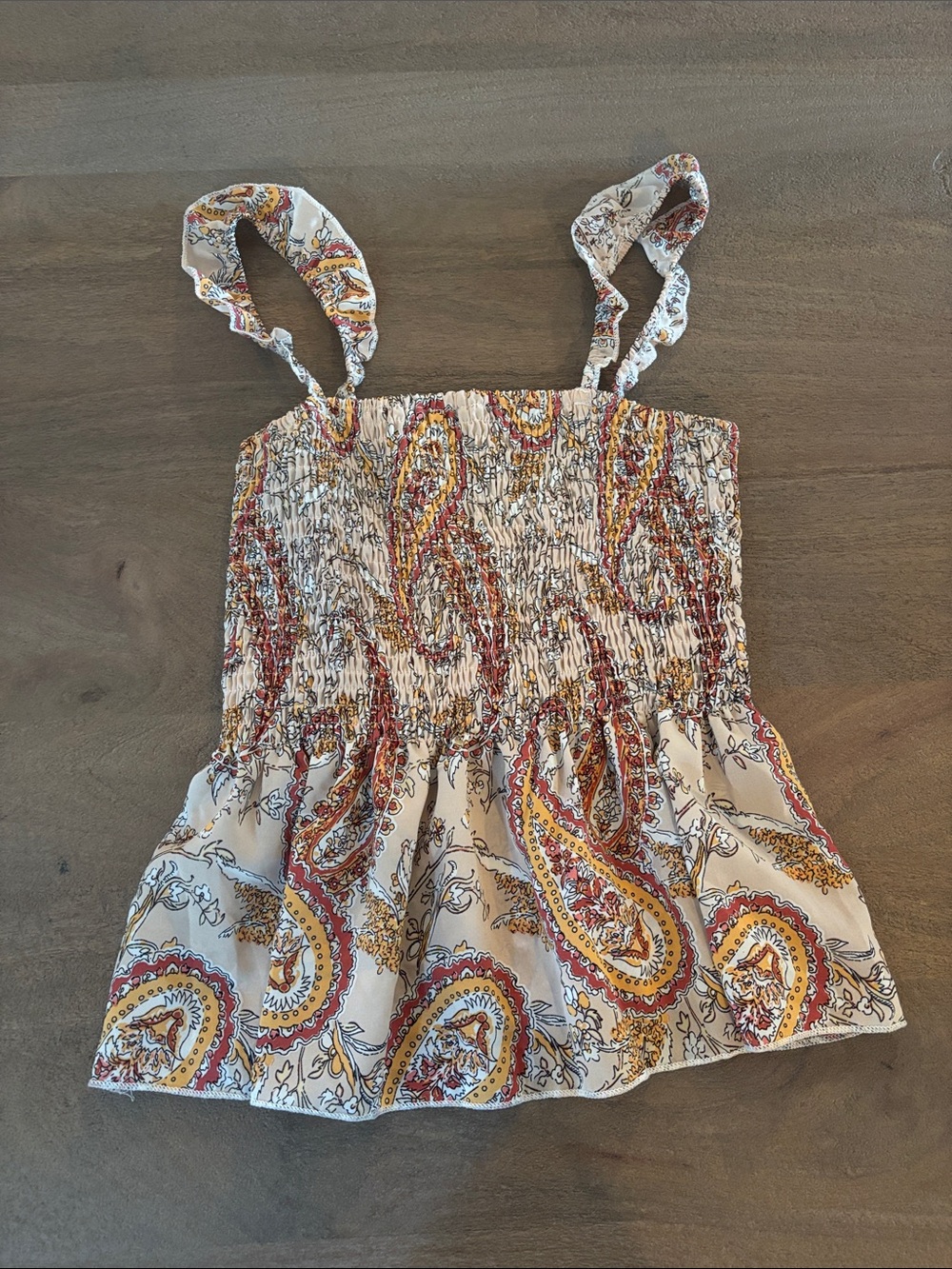 Smocked Paisley Ruffle Tank Top - Cream, Mustard & Rust